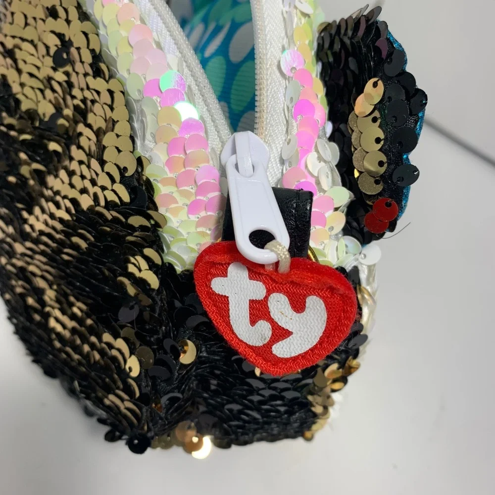 Ty Sequin Panda Face Bag Purse 8” Reversible Sparkle Sequins Plush‎ Blue Eyes
